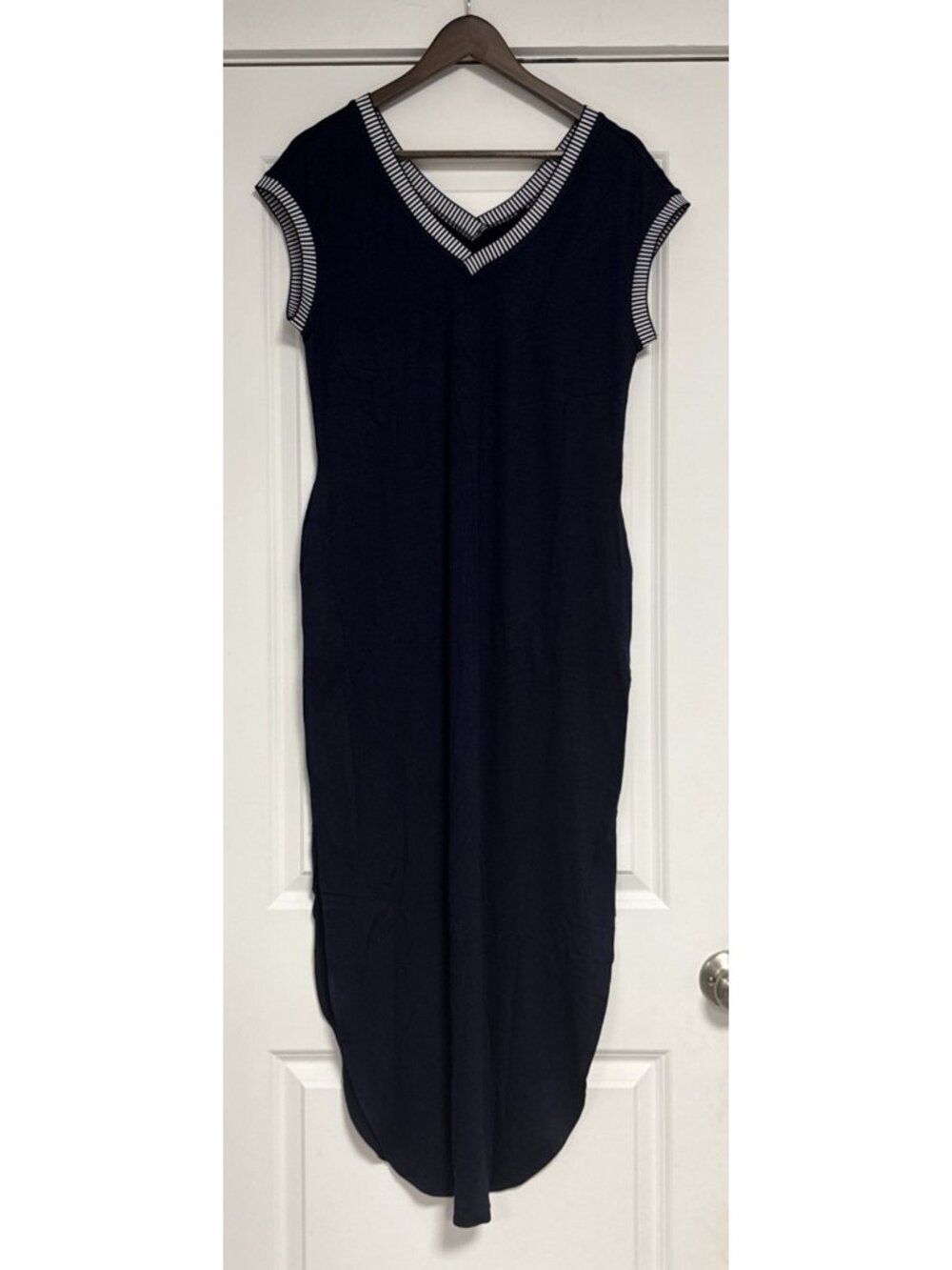 MEROKEETY Navy Blue Rouched Knit Dress Bodycon Black White Striped Collar Sz S